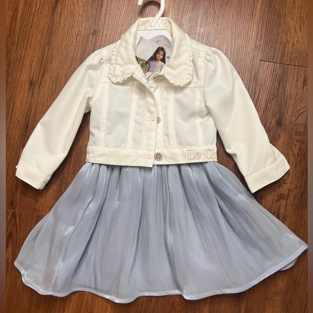 Le Chic Girls Size 2T Light Blue Dress and White Jacket Set New - Picture 1 of 5